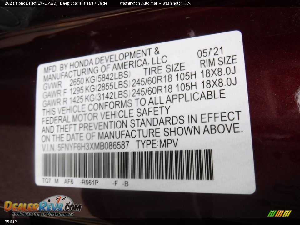 Honda Color Code R561P Deep Scarlet Pearl
