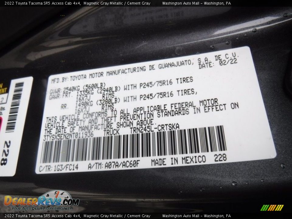 2022 Toyota Tacoma SR5 Access Cab 4x4 Magnetic Gray Metallic / Cement Gray Photo #34