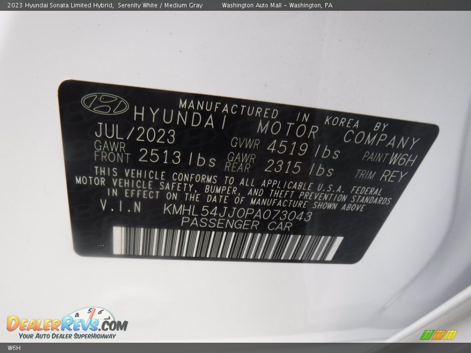 Hyundai Color Code W6H Serenity White