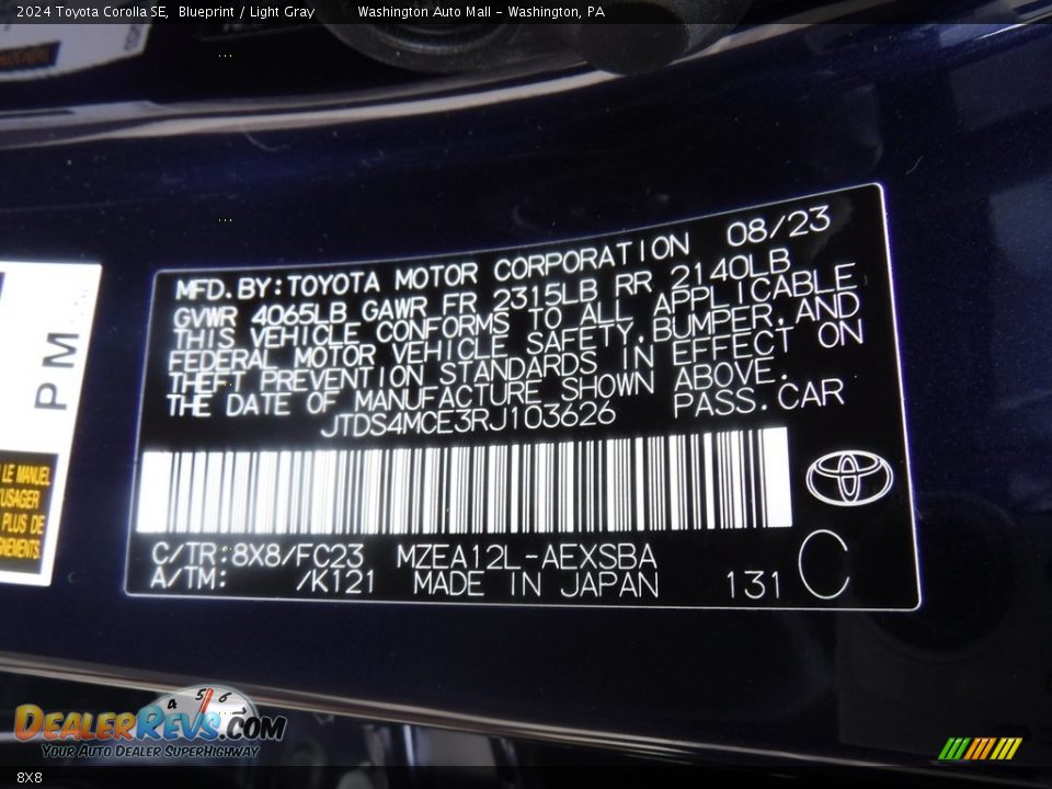 Toyota Color Code 8X8 Blueprint