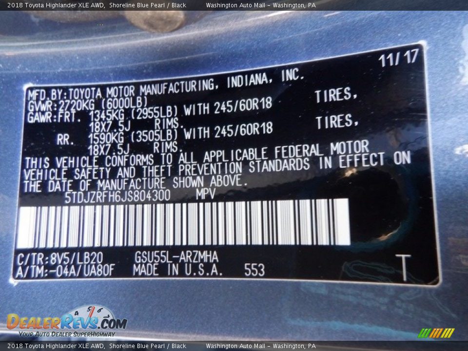 2018 Toyota Highlander XLE AWD Shoreline Blue Pearl / Black Photo #35