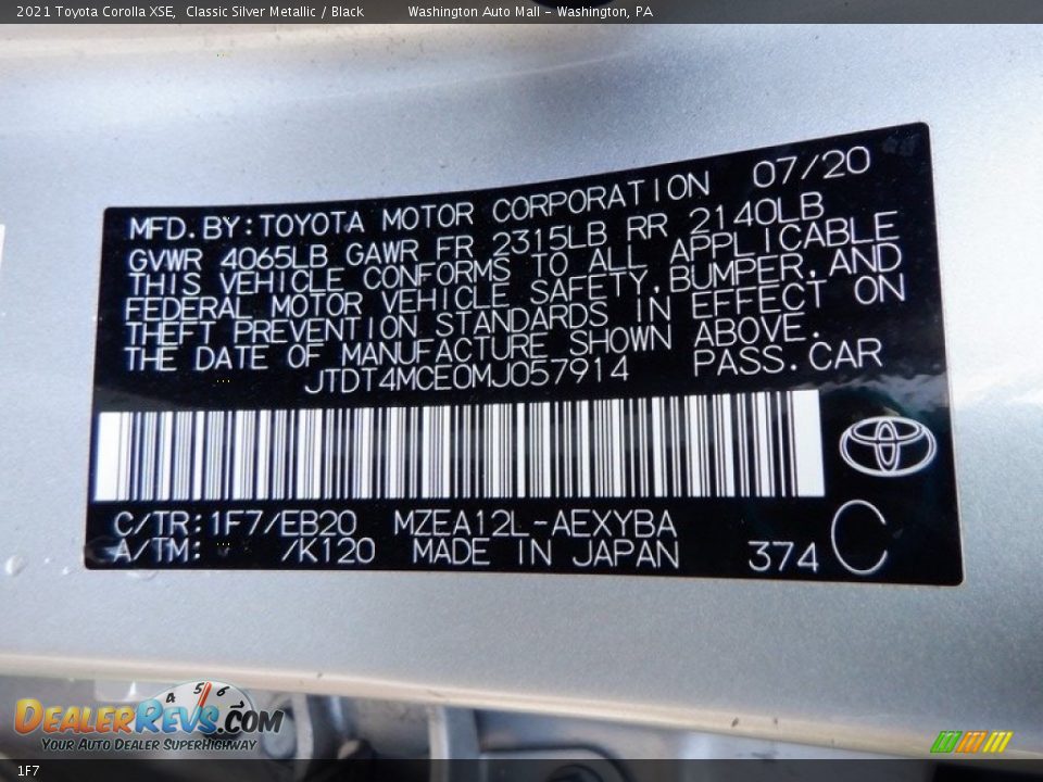 Toyota Color Code 1F7 Classic Silver Metallic