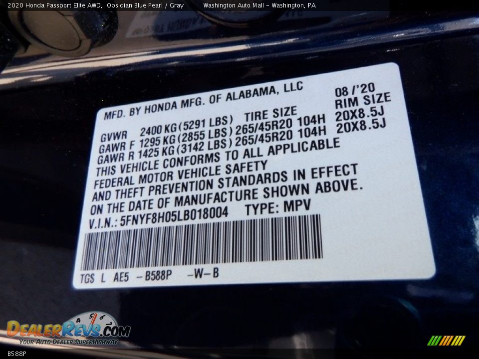 Honda Color Code B588P Obsidian Blue Pearl