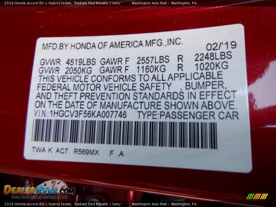 2019 Honda Accord EX-L Hybrid Sedan Radiant Red Metallic / Ivory Photo #36
