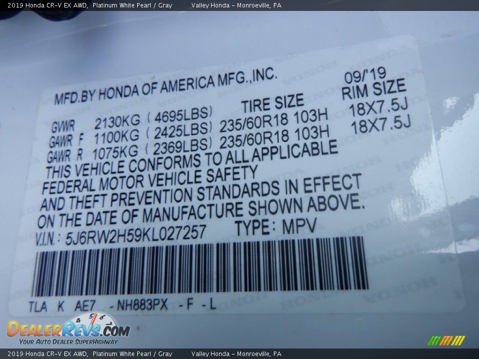 2019 Honda CR-V EX AWD Platinum White Pearl / Gray Photo #34