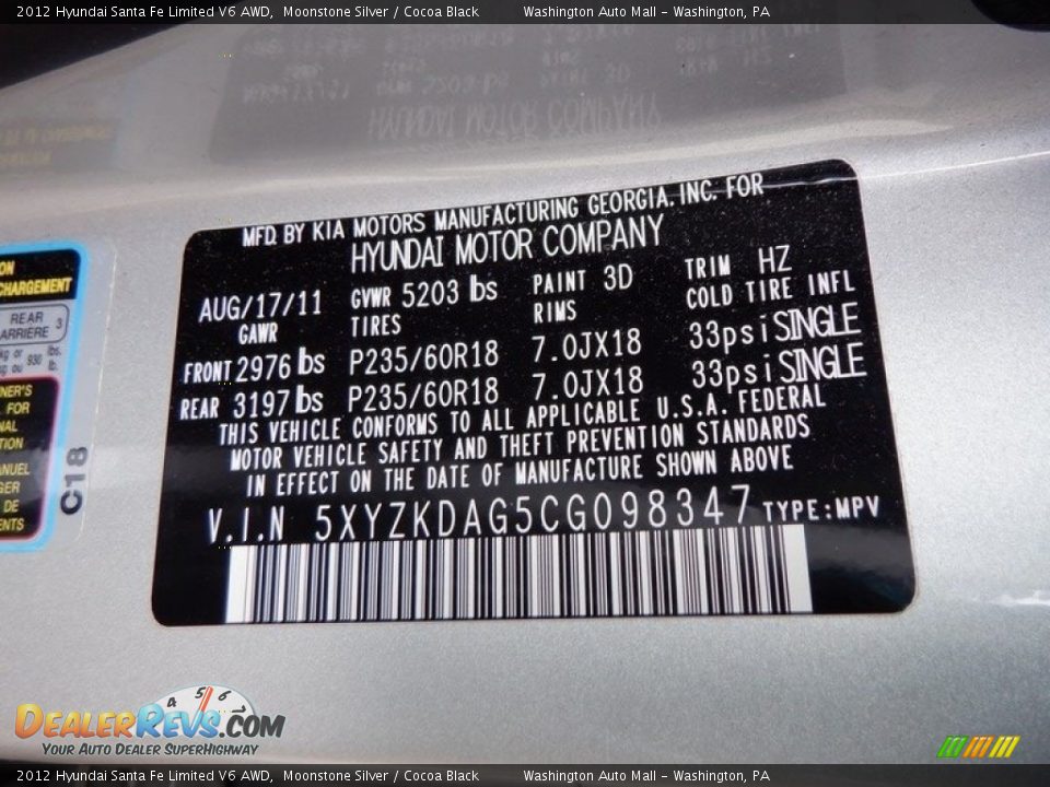 2012 Hyundai Santa Fe Limited V6 AWD Moonstone Silver / Cocoa Black Photo #35