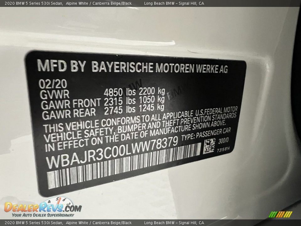 2020 BMW 5 Series 530i Sedan Alpine White / Canberra Beige/Black Photo #22
