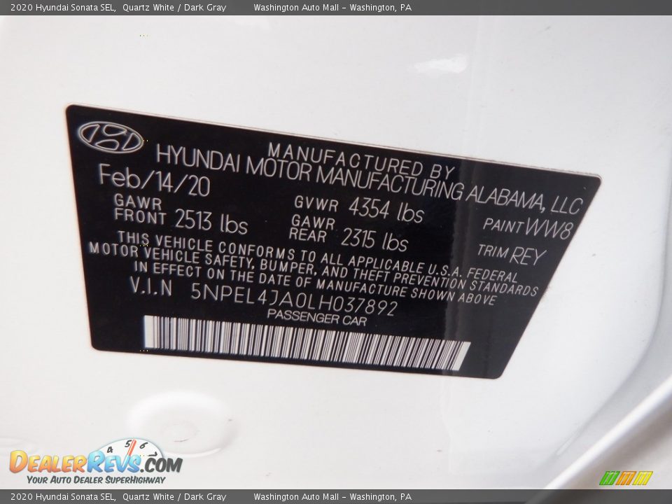 2020 Hyundai Sonata SEL Quartz White / Dark Gray Photo #32