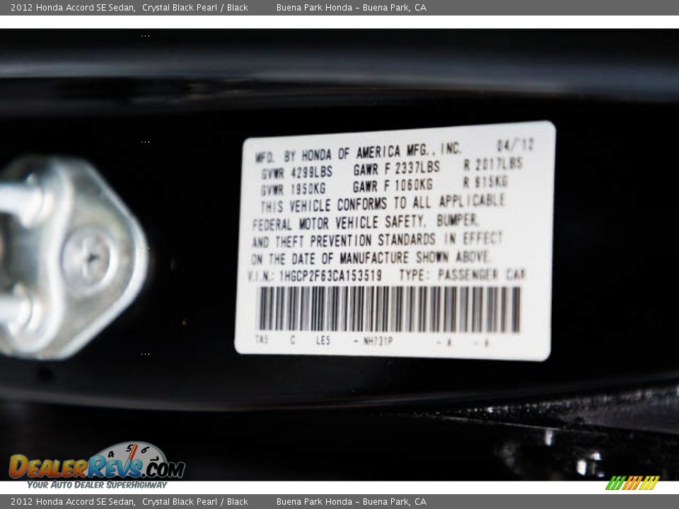 2012 Honda Accord SE Sedan Crystal Black Pearl / Black Photo #36