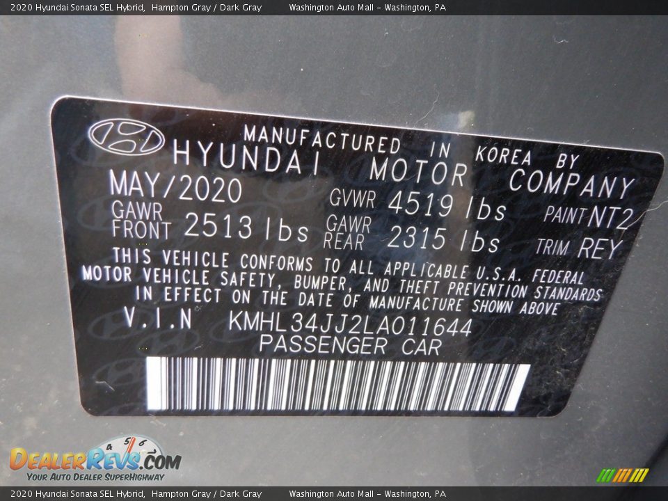 2020 Hyundai Sonata SEL Hybrid Hampton Gray / Dark Gray Photo #36