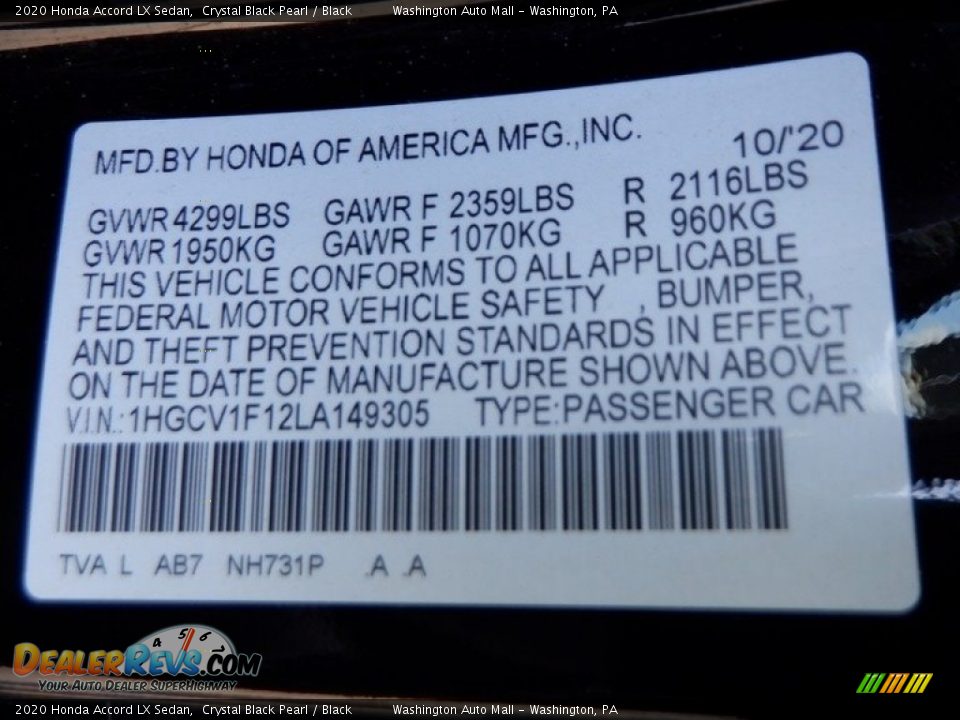 2020 Honda Accord LX Sedan Crystal Black Pearl / Black Photo #28