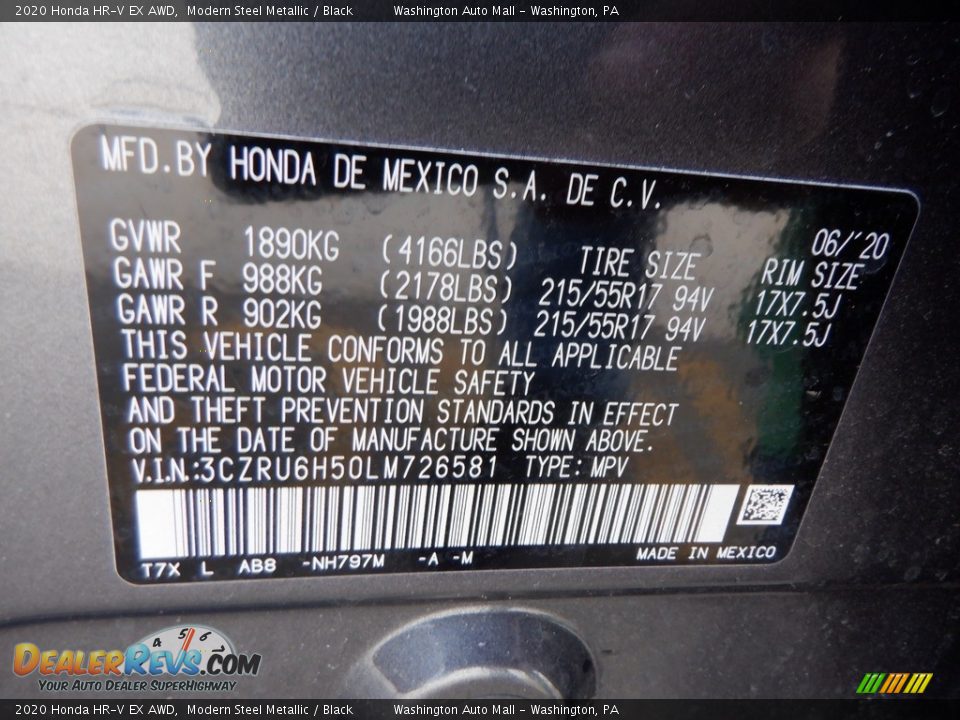 2020 Honda HR-V EX AWD Modern Steel Metallic / Black Photo #31