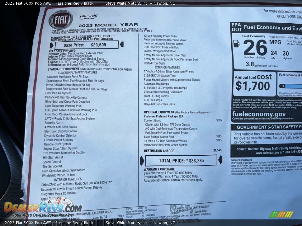 2023 Fiat 500X Pop AWD Window Sticker Photo #26