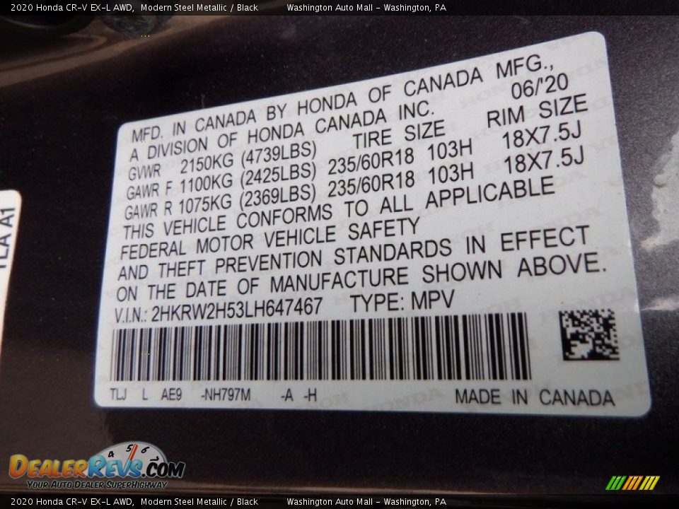 2020 Honda CR-V EX-L AWD Modern Steel Metallic / Black Photo #33