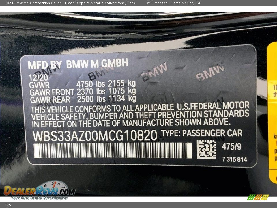 BMW Color Code 475 Black Sapphire Metallic