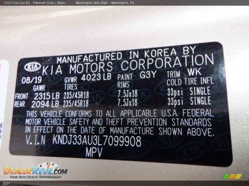 Kia Color Code G3Y Platinum Gold