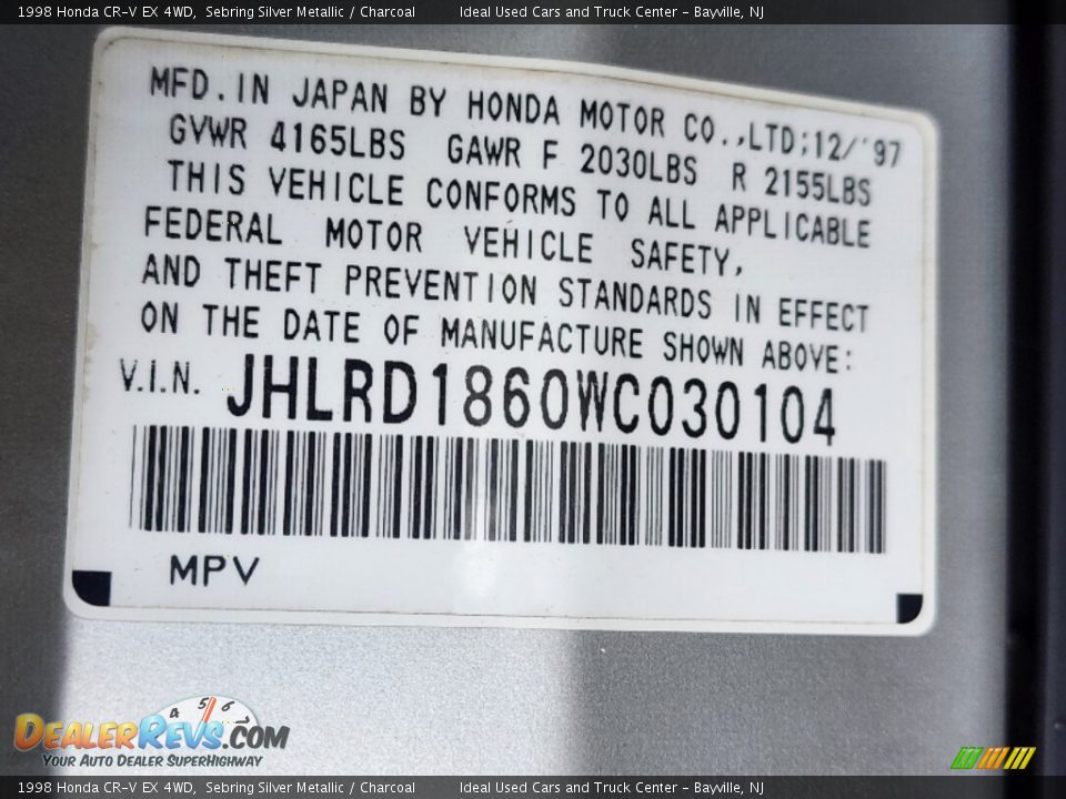 1998 Honda CR-V EX 4WD Sebring Silver Metallic / Charcoal Photo #27