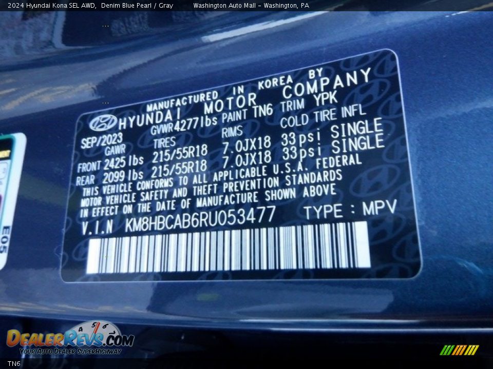 Hyundai Color Code TN6 Denim Blue Pearl
