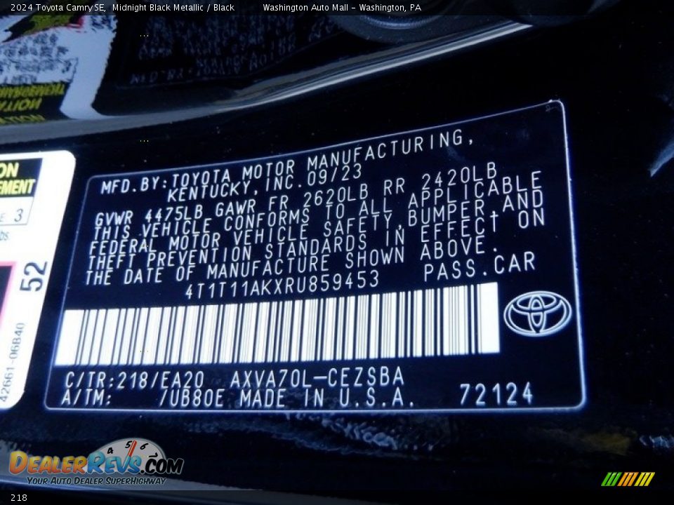 Toyota Color Code 218 Midnight Black Metallic