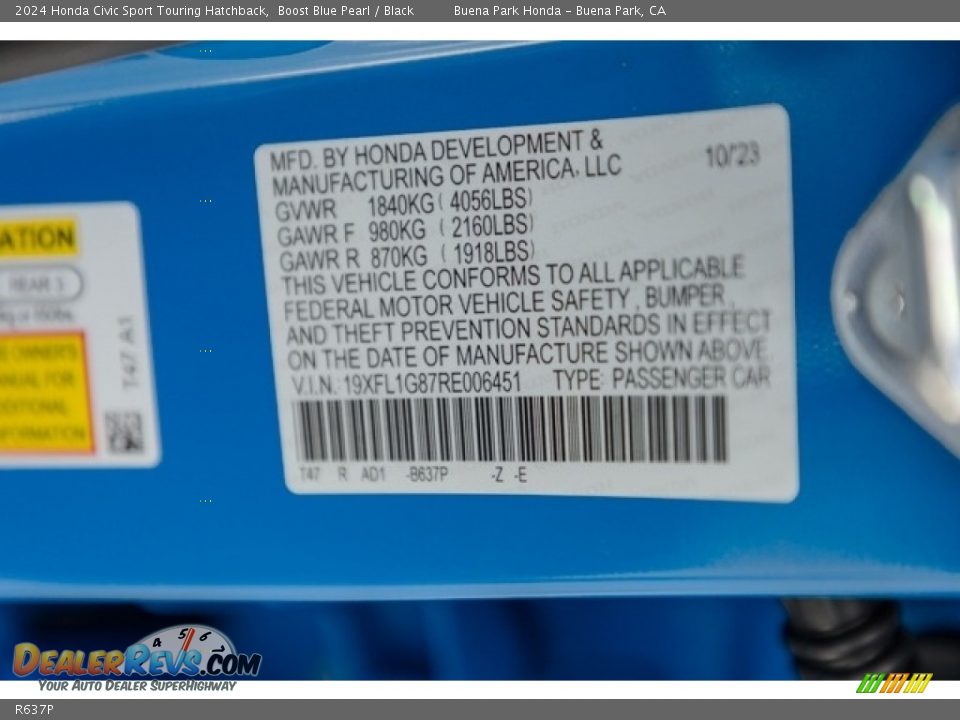 Honda Color Code R637P Boost Blue Pearl