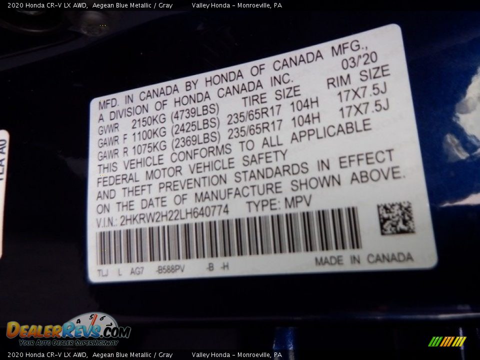 2020 Honda CR-V LX AWD Aegean Blue Metallic / Gray Photo #28