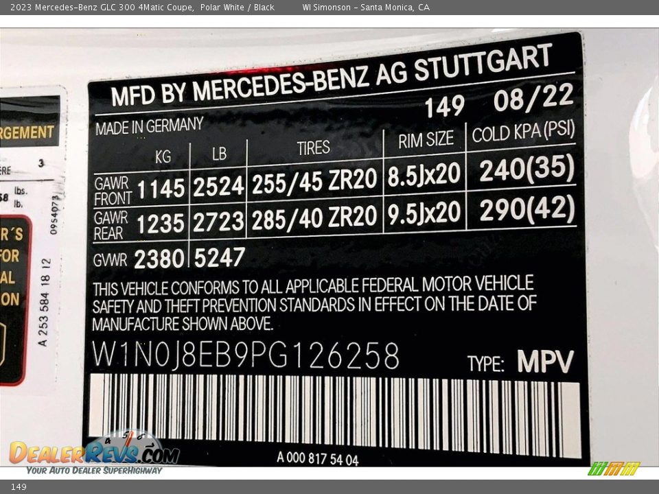 Mercedes-Benz Color Code 149 Polar White