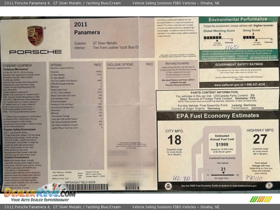 2011 Porsche Panamera 4 Window Sticker Photo #8