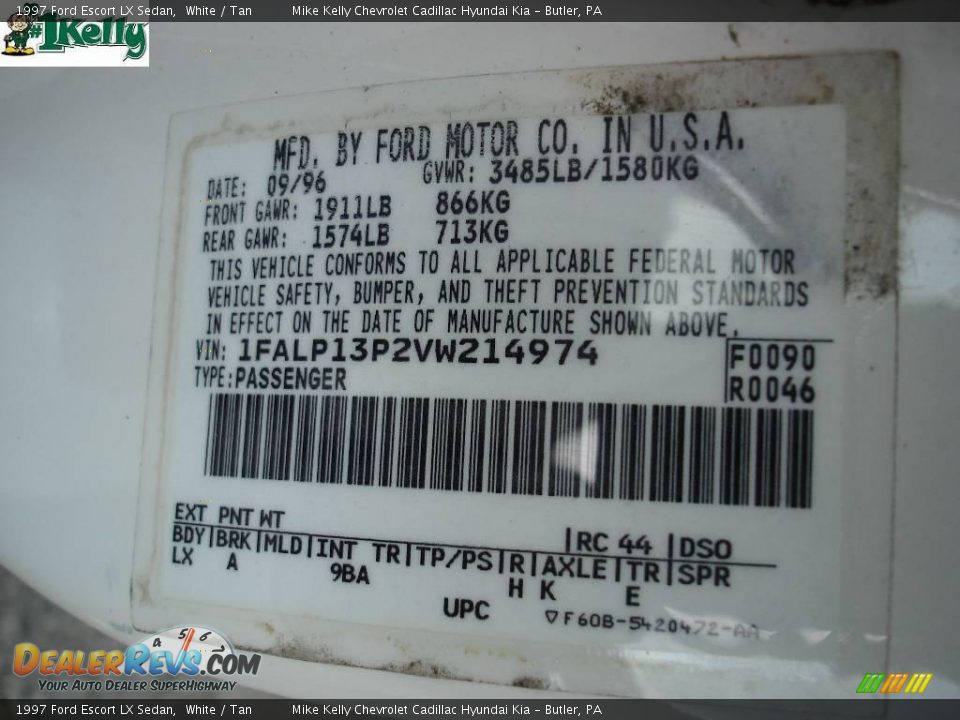 1997 Ford Escort LX Sedan White / Tan Photo #9