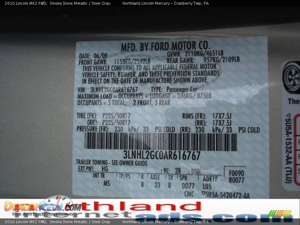 2010 Lincoln MKZ FWD Smoke Stone Metallic / Steel Gray Photo #9