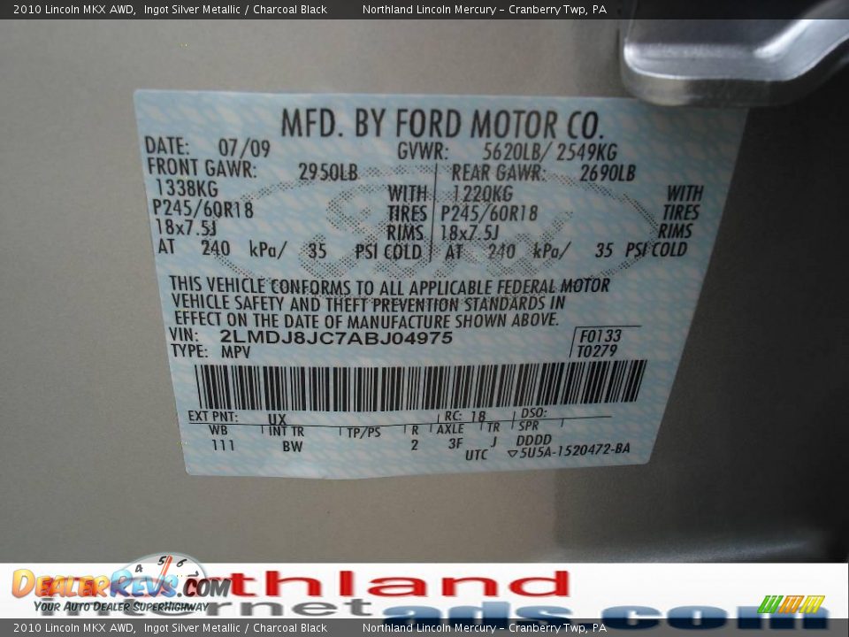2010 Lincoln MKX AWD Ingot Silver Metallic / Charcoal Black Photo #9