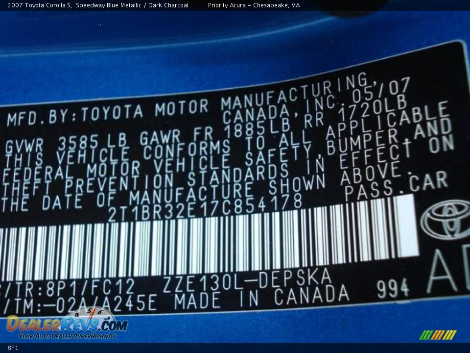 Toyota Color Code 8P1 Speedway Blue Metallic