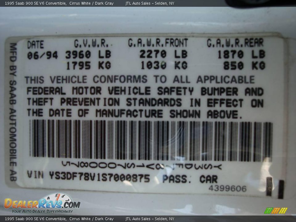 1995 Saab 900 SE V6 Convertible Cirrus White / Dark Gray Photo #16