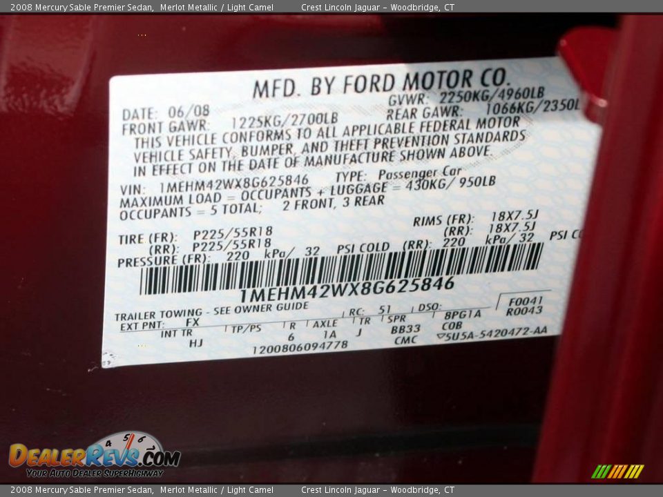 2008 Mercury Sable Premier Sedan Merlot Metallic / Light Camel Photo #18