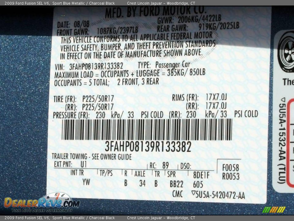 2009 Ford Fusion SEL V6 Sport Blue Metallic / Charcoal Black Photo #18