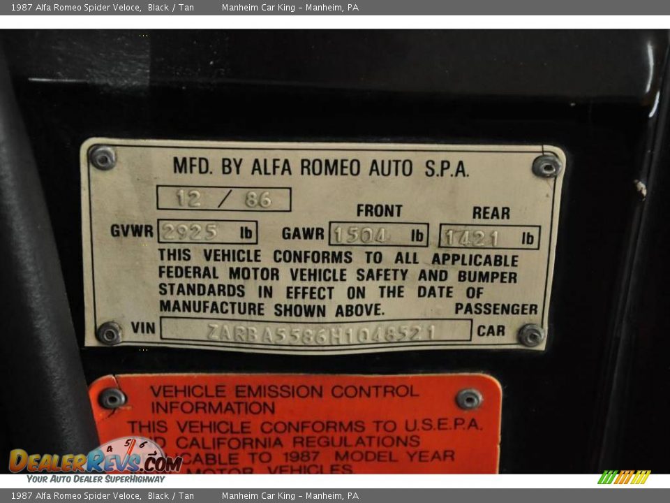 Info Tag of 1987 Alfa Romeo Spider Veloce Photo #15