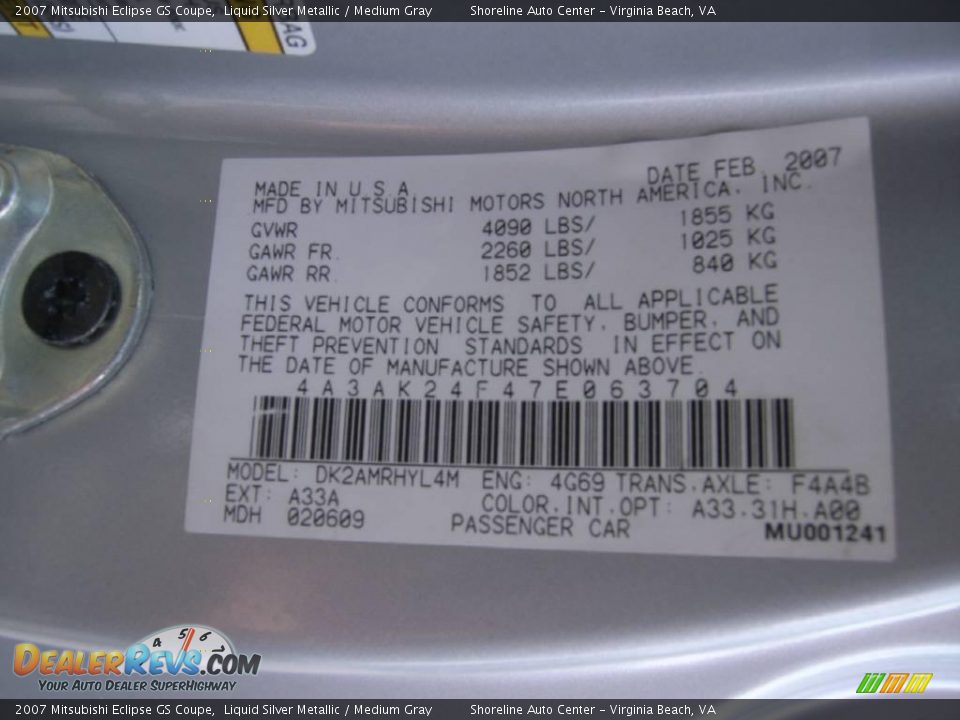 2007 Mitsubishi Eclipse GS Coupe Liquid Silver Metallic / Medium Gray Photo #20