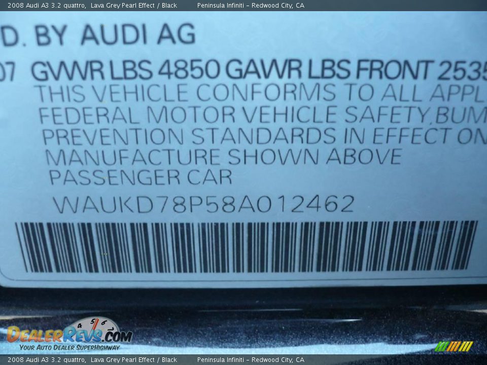 2008 Audi A3 3.2 quattro Lava Grey Pearl Effect / Black Photo #24