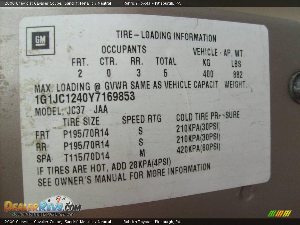 2000 Chevrolet Cavalier Coupe Sandrift Metallic / Neutral Photo #17