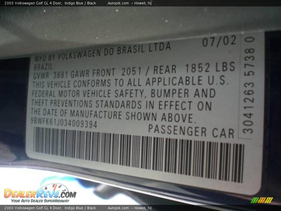 2003 Volkswagen Golf GL 4 Door Indigo Blue / Black Photo #17