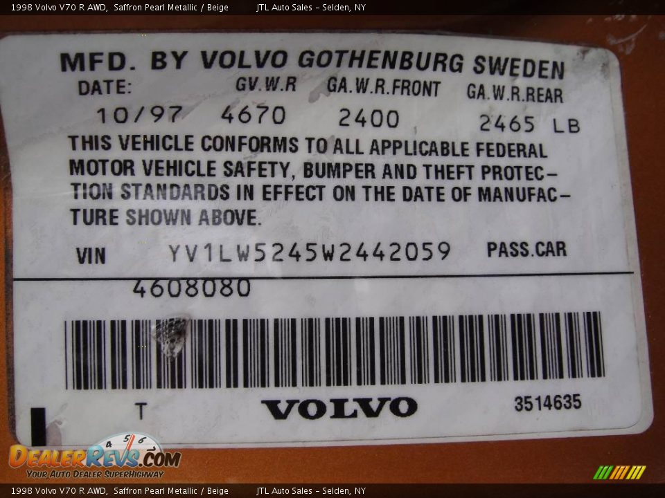 1998 Volvo V70 R AWD Saffron Pearl Metallic / Beige Photo #15