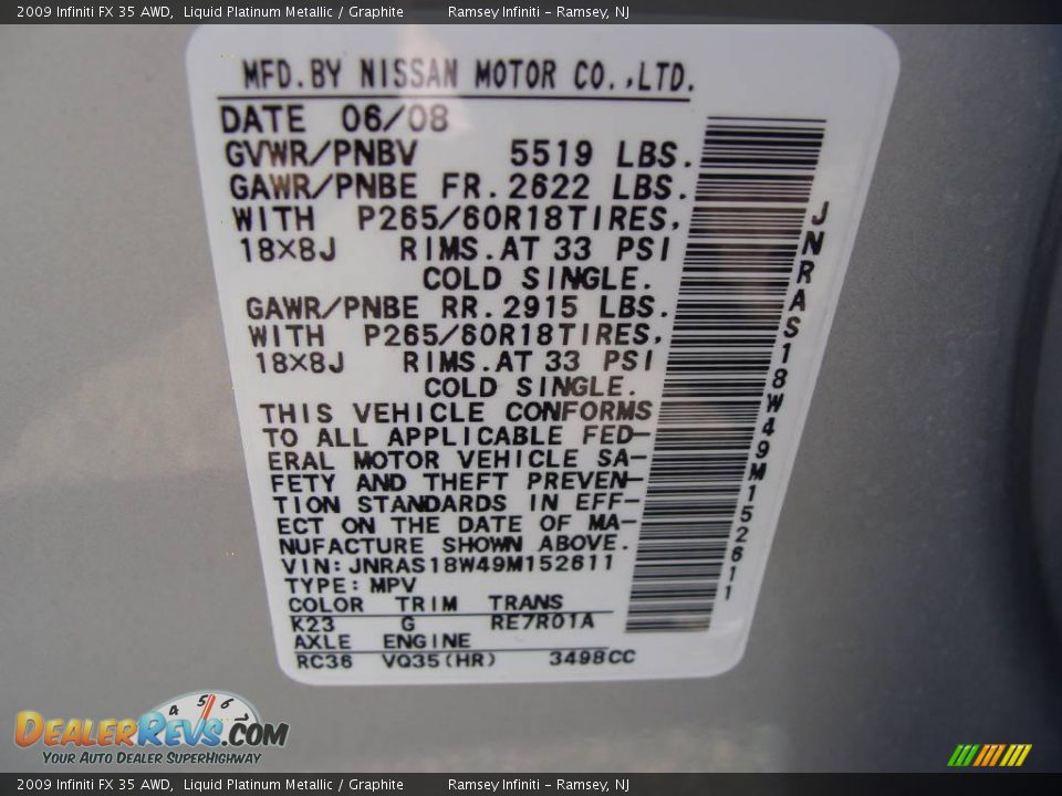 2009 Infiniti FX 35 AWD Liquid Platinum Metallic / Graphite Photo #15