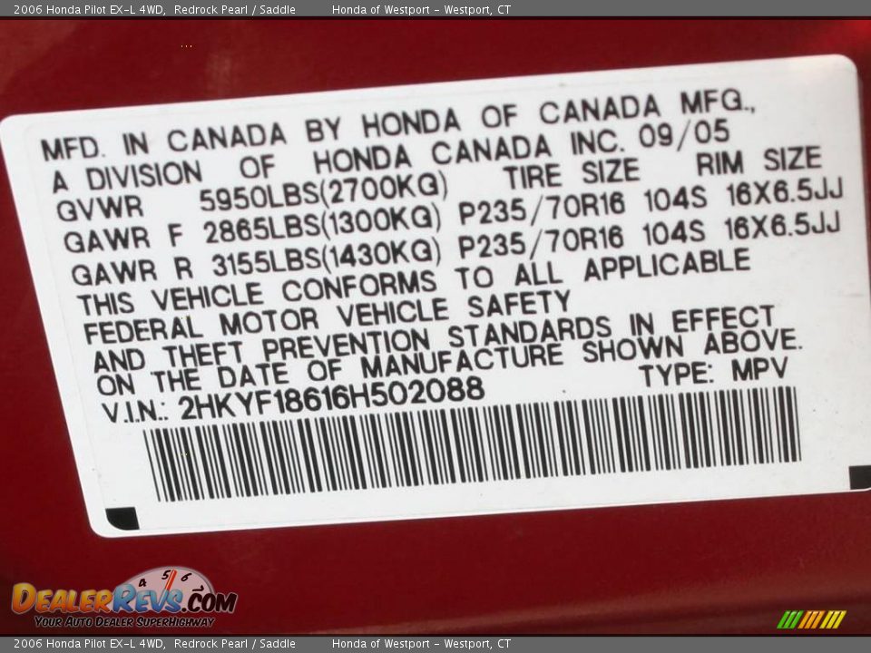 2006 Honda Pilot EX-L 4WD Redrock Pearl / Saddle Photo #24