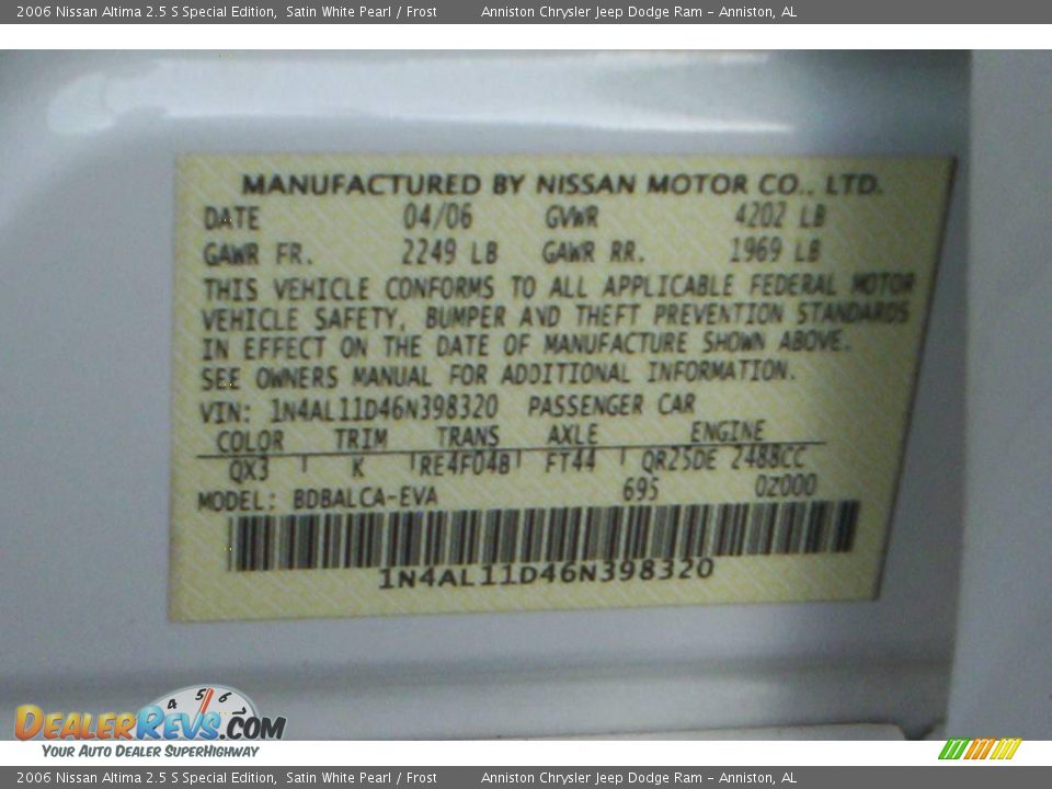 2006 Nissan Altima 2.5 S Special Edition Satin White Pearl / Frost Photo #17