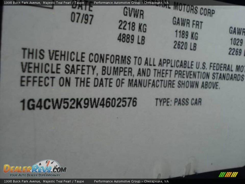 1998 Buick Park Avenue Majestic Teal Pearl / Taupe Photo #27