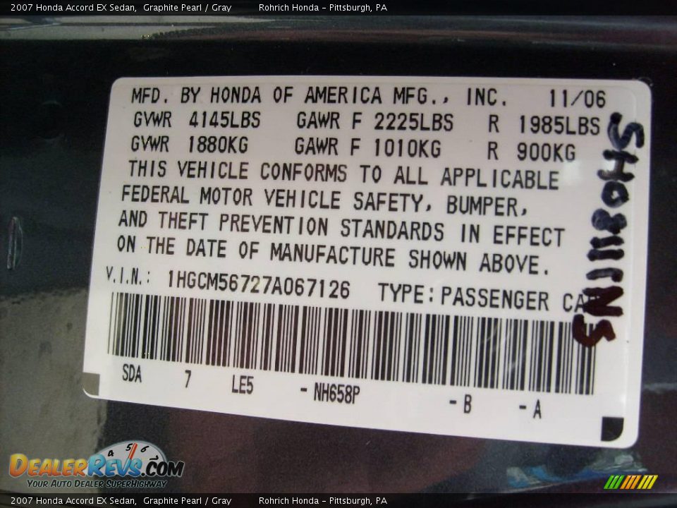2007 Honda Accord EX Sedan Graphite Pearl / Gray Photo #18