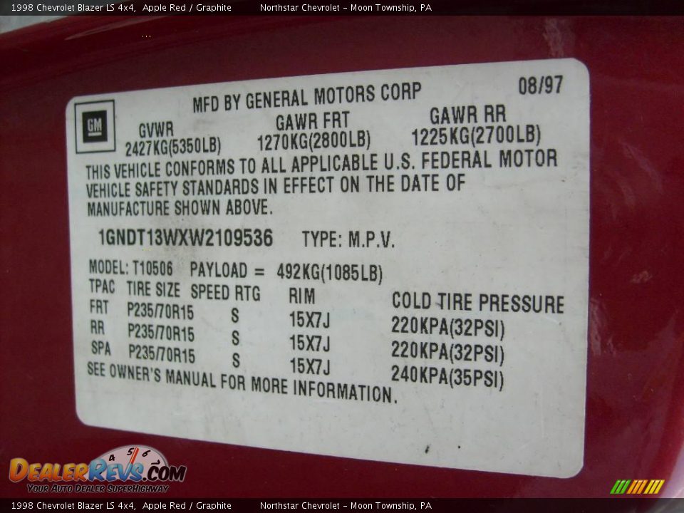 1998 Chevrolet Blazer LS 4x4 Apple Red / Graphite Photo #13