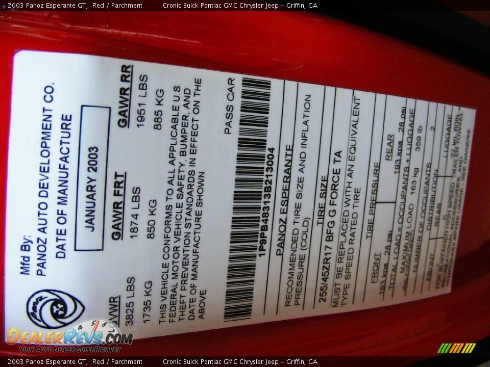 Info Tag of 2003 Panoz Esperante GT Photo #29