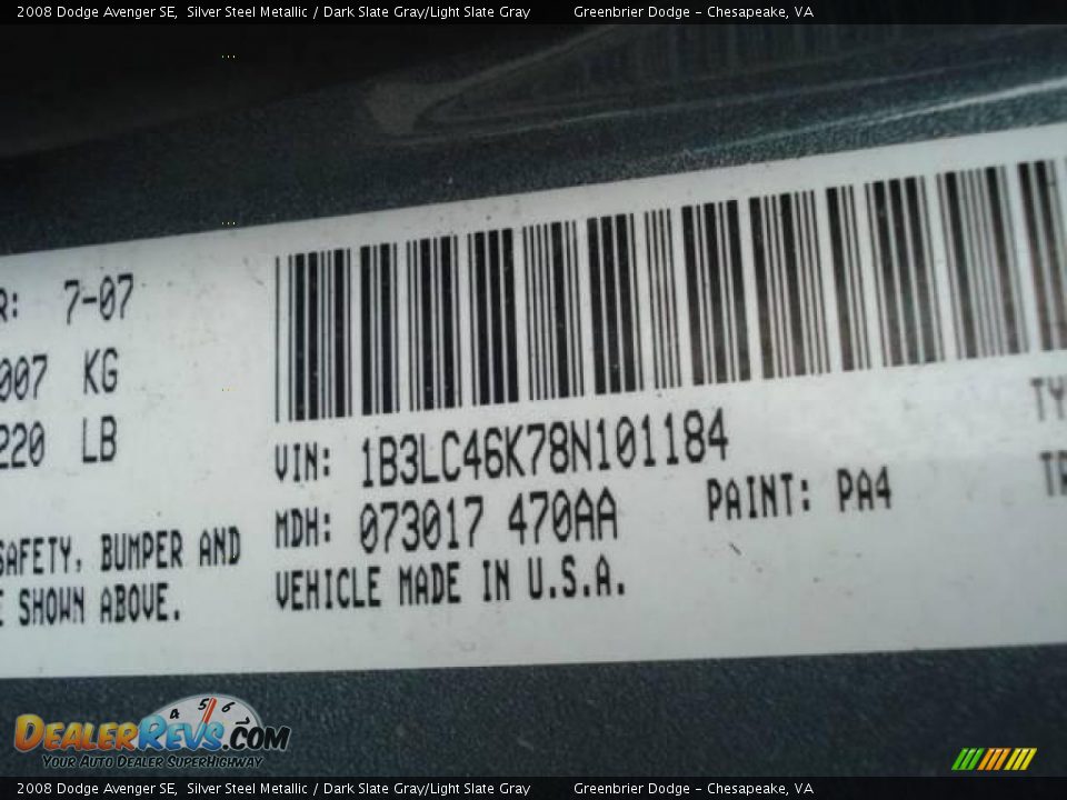 2008 Dodge Avenger SE Silver Steel Metallic / Dark Slate Gray/Light Slate Gray Photo #20
