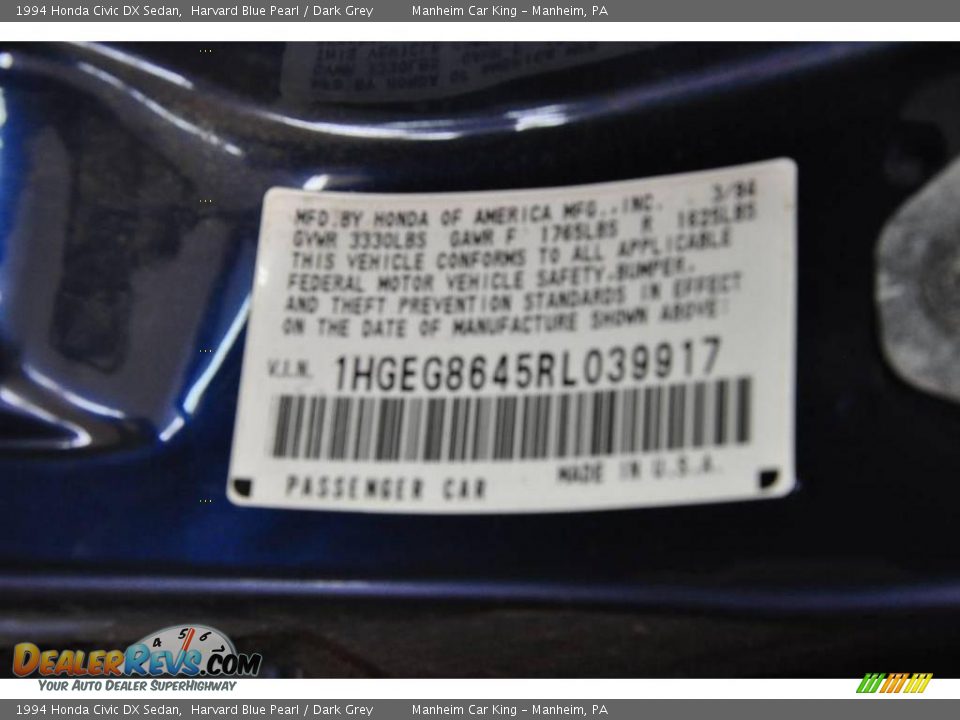 1994 Honda Civic DX Sedan Harvard Blue Pearl / Dark Grey Photo #10