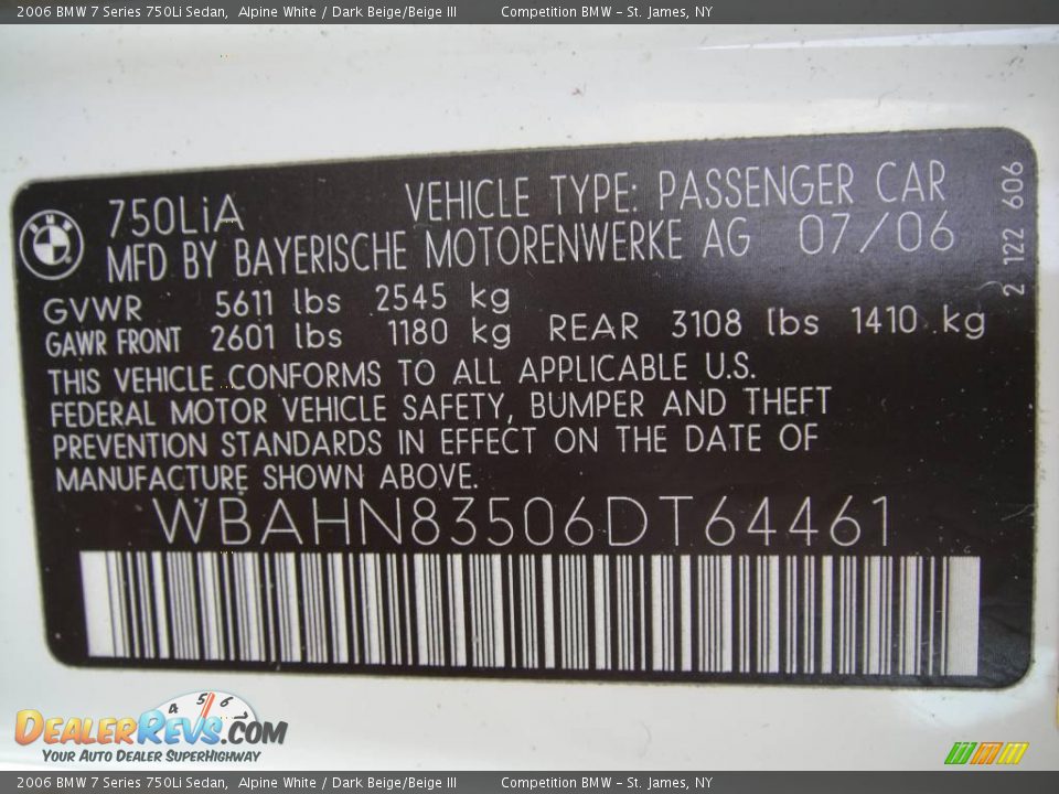 2006 BMW 7 Series 750Li Sedan Alpine White / Dark Beige/Beige III Photo #15